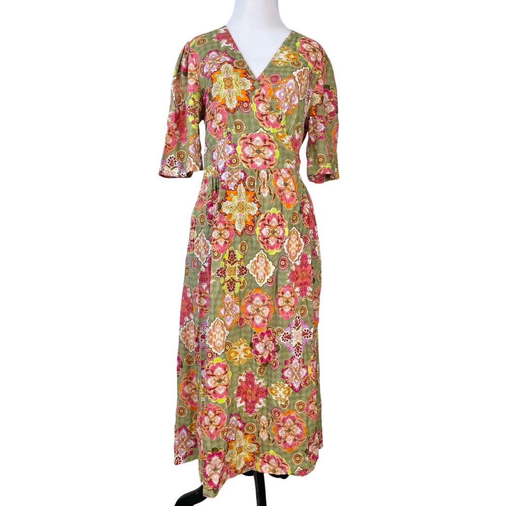 Floral Maxi Wrap Dress Womens 38 Green Pink Boho Cottage Hippie Puff Sleeve